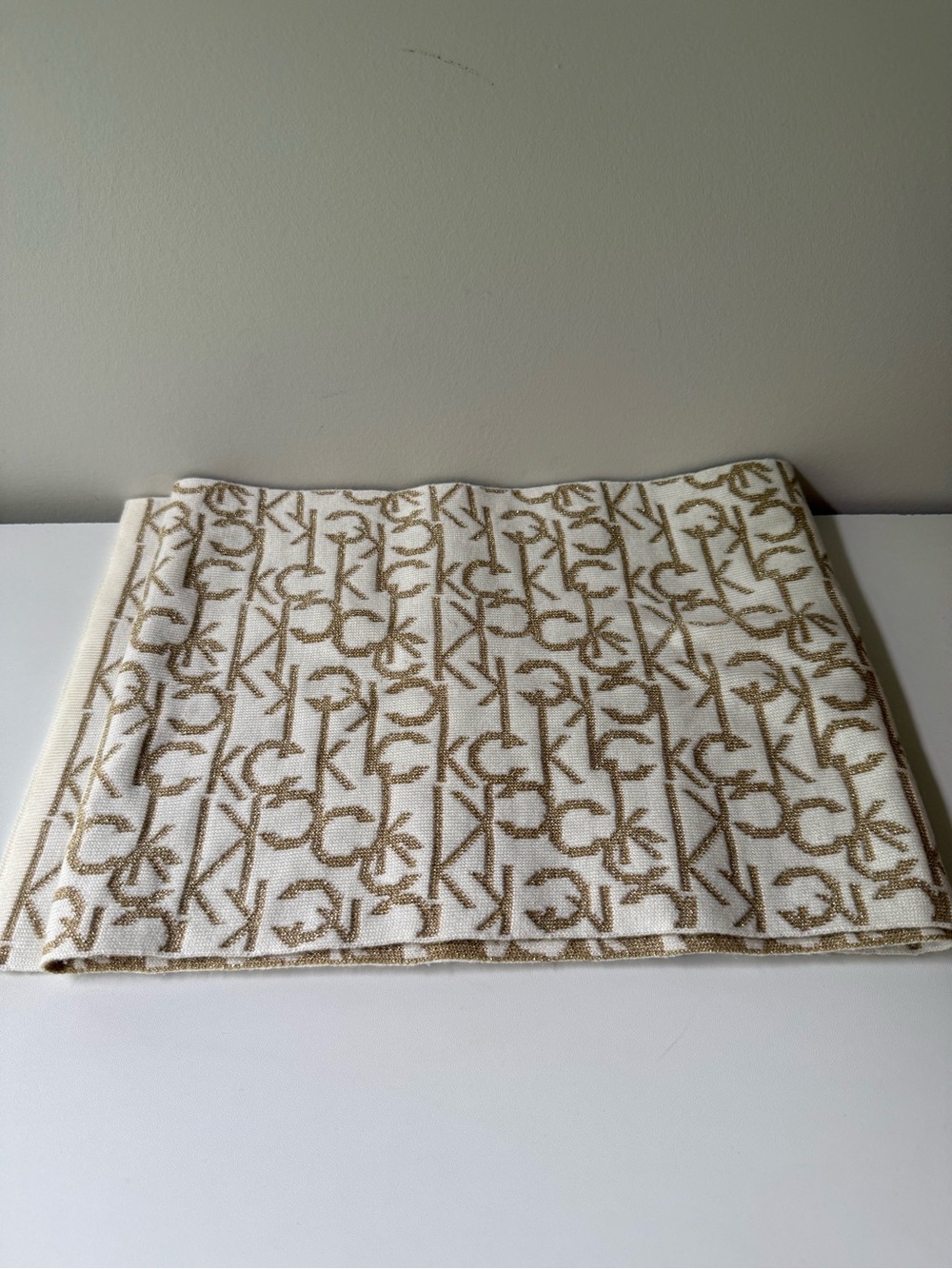Calvin Klein White and Tan Logo Jacquard Scarf